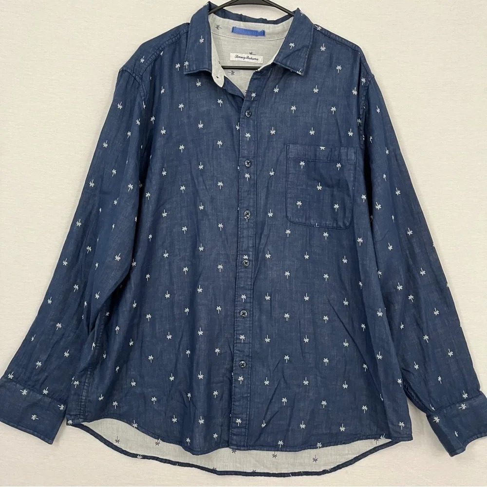 Tommy Bahama Blue White Tropical Print Long Sleeve Button Down XL